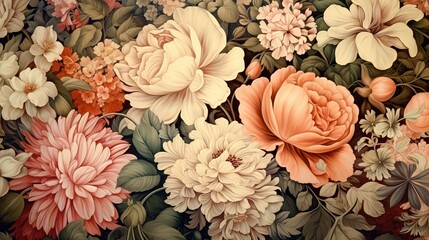 Floral group wallpaper typically features a repeating pattern of various types of flowers arranged together in a cohesive design, often used to decorate interior walls, Generative Ai