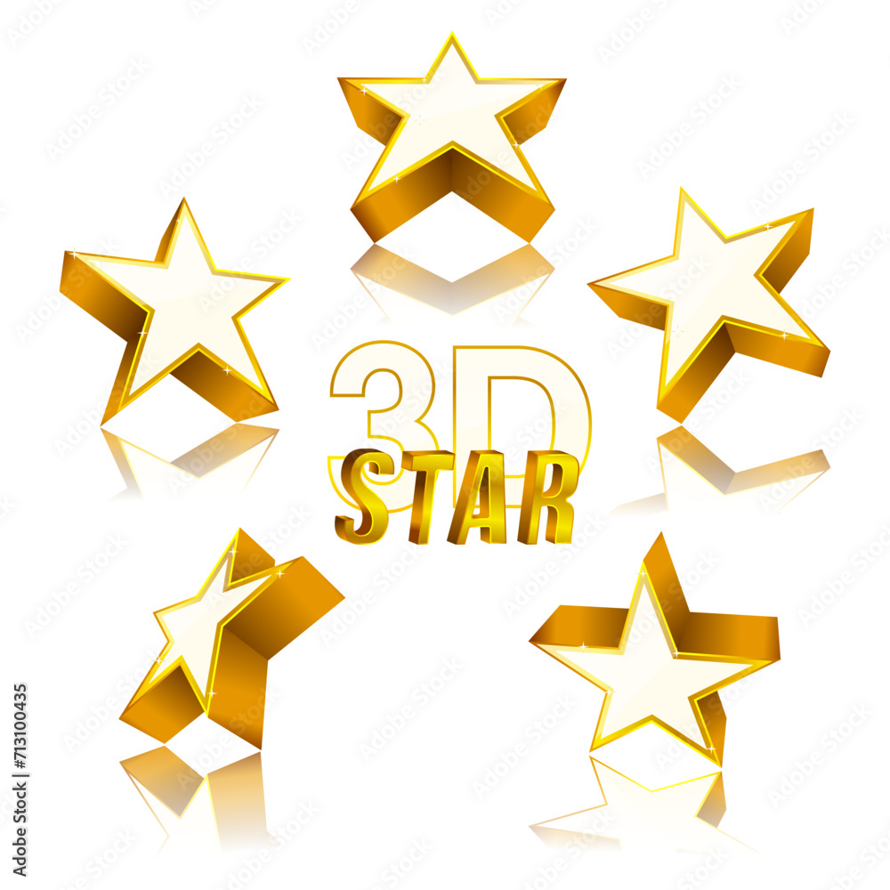 Wall mural 3d golden star set with variations of angles of view. vector illustration
