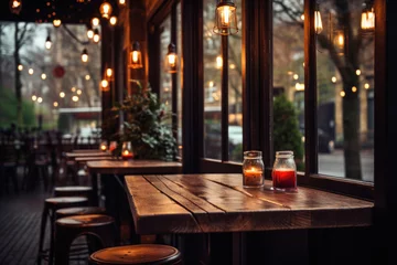 Foto op Canvas Wooden cafe table bokeh background, empty wood desk restaurant tabletop counter in bar or coffee shop surface product display mockup with blurry city lights backdrop presentation. Mock up, copy space. © Synthetica