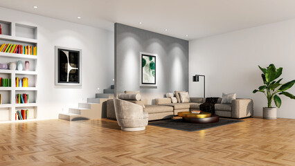 Large luxury modern bright interiors Living room mockup illustration 3D rendering computer digitally generated image