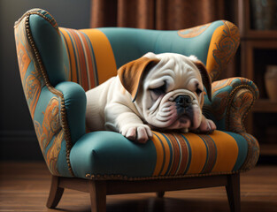 schlafende Baby Bulldogge auf einem Sessel