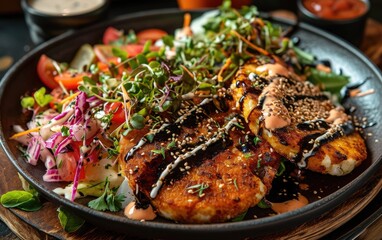 Fototapeta premium Gourmet Grilled Chicken Salad Served on a Dark Plate With Fresh Greens