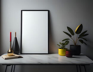 schwarzer Bilderrahmen auf Marmor Tisch an grauer Wand