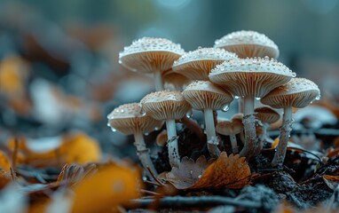 A cluster of Dew-Covered Mushrooms Emerging Amongst Autumn Leaves
