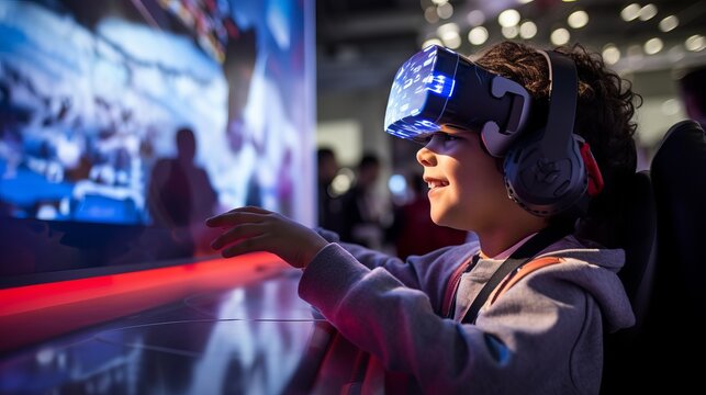 Child in VR gear at a modern esports booth, learning while playing. Kids wear headsets and explore virtual worlds, learning as they play.