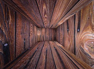 Fototapeta premium Korytarz z brązowych desek, cyfrowa iluzja perspektywy, głębia - tło
