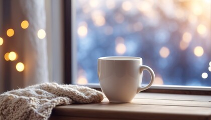 Cup of tea or coffee mug and knitted blanket near window. decoration with soft focus light and...