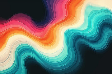 Vibrant rainbow, orange blue teal white psychedelic grainy gradient color flow wave on black background, music cover dance party poster design. Retro Colors from the 1970s 1980s, 7