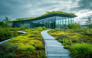 Contemporary Eco-Friendly Building With Green Roof and Curved Glass Facade