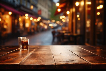 Wooden cafe table bokeh background, empty wood desk restaurant tabletop counter in bar or coffee shop surface product display mockup with blurry city lights backdrop presentation. Mock up, copy space.