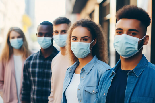 Group people students in medical mask Danger of infection of the virus coronavirus . - Powered by Adobe