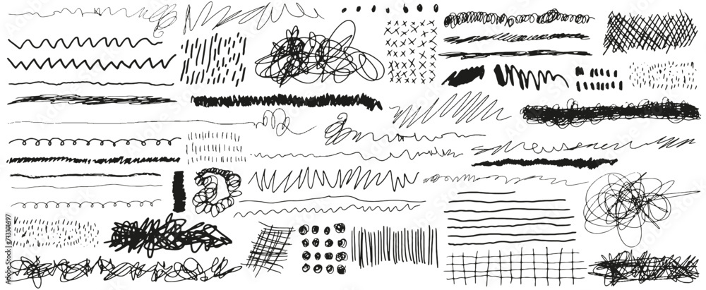 Poster tangle thin curved black lines, squiggles with simple texture doodle patterns. vector hand drawn pen