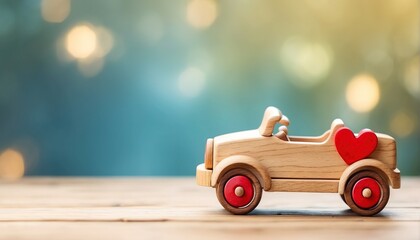 Wooden toy car and heart shape. decoration with soft focus light and bokeh background