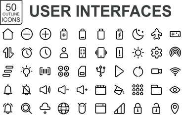 user interface icon collection.outline style.vector.editable stroke contains menu,battery,calendar,wifi.