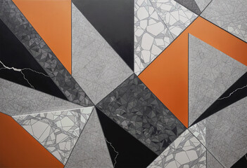 abstract geometric background composition of various shapes in black, white, and orange.
