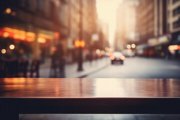 Wooden cafe table bokeh background, empty wood desk restaurant tabletop counter in bar or coffee shop surface product display mockup with blurry city lights backdrop presentation. Mock up, copy space.