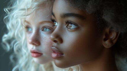 Fototapeta premium Friendship without borders. Very beautiful white and black little girls next to each other. Poster about equality, friendship between children of different races.