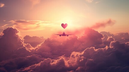 flying plane among the clouds love heart sign - obrazy, fototapety, plakaty
