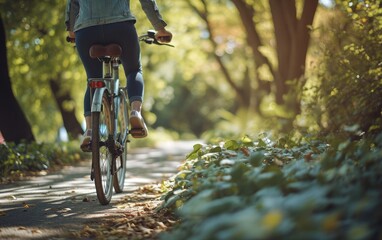Fototapeta na wymiar A lone biker enjoys a peaceful ride along a narrow, sunlit trail surrounded by lush greenery