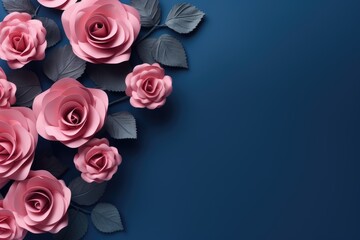 Creative layout made of pink roses on blue background. Flat lay, top view
