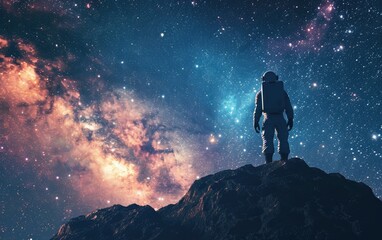 Astronaut Stargazing: An astronaut gazing at the cosmos, conveying the awe and wonder of space exploration - obrazy, fototapety, plakaty