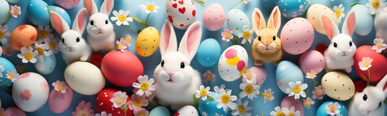Funny bunnies sitting on the blue background with colourful eggs around. Easter concept.