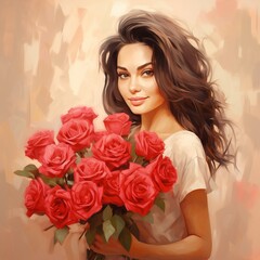 Portrait of a beautiful young brunette woman with red roses.AI.