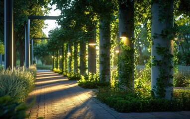 City Park Lighting Poles: Lighting poles in a city park, creatively transformed into vertical gardens, adding greenery to public spaces