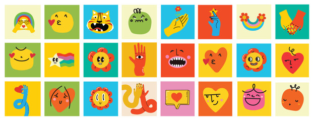 70's groovy square posters, cards or stickers. Retro print with hippie cute colorful funky character concepts of crazy geometric, dripping emoticon. Only good vibes sentence