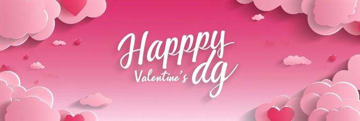 Horizontal banner with pink sky and paper cut clouds. Place for text. Happy Valentine's day sale header or voucher template with hearts 