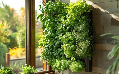 Fototapeta na wymiar Compact Indoor Herb Wall: An image portraying a vertical cultivation system for herbs indoors, enabling year-round herb harvesting