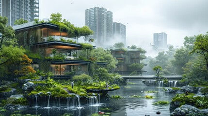 Serene Urban Oasis With Lush Greenery and Water in Early Morning Mist