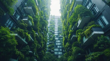 A very tall building with numerous plants growing all over its facade, creating a green oasis in the middle of the city.