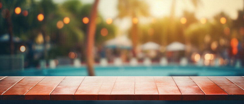 Wooden table pool bokeh background, empty wood desk product display mockup with blurry tropical hotel resort abstract poolside summer travel backdrop advertising presentation. Mock up, copy space.