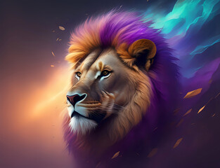 Kopf eines Löwen mit lila Mähne und Flammen im Hintergrund
