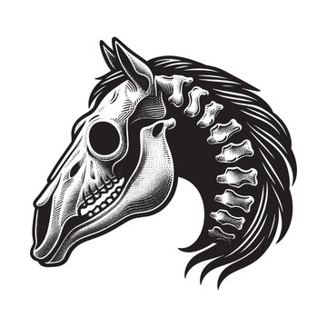 Horse skull. Skeleton of a horse. Vintage retro engraving vector illustration. Black icon, logo, label. isolated element. png