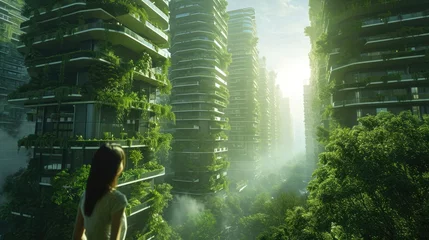 Foto auf Leinwand Lush Greenery Adorning Modern Skyscrapers in an Urban Environment © AZ Studio