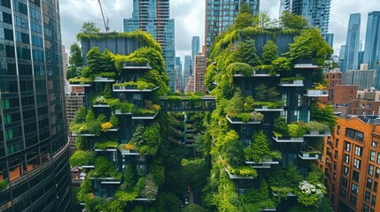Lush Greenery Adorning Modern Skyscrapers in an Urban Environment - obrazy, fototapety, plakaty