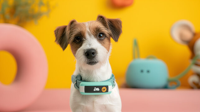 Hund in einem Kinderzimmer mit unscharfem Spielzeug im Hintergrund und Halsband mit GPS Tracker zur Ortung von Haustieren Generative AI