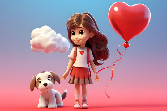 Girl and dog with heart shaped balloons. 3D illustration. Cartoon style.