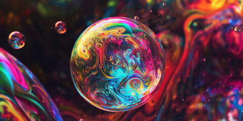 Soap bubbles burst with kaleidoscopic colors against a dark backdrop, creating a striking abstract effect. - obrazy, fototapety, plakaty