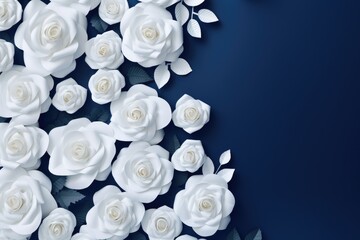 White roses on blue background. Flat lay, top view, copy space