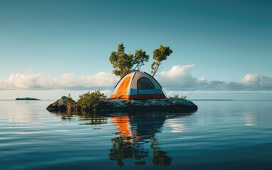 Fototapeta na wymiar Serene Lakeside Camping on a Small Island at Dusk