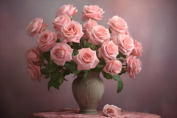 Bouquet of pink roses in a vase on a pink background