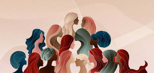 Group silhouette of multicultural women. International women's day. Diversity - inclusion - equality or empowerment concept. Anti racism and stop discrimination. Banner copy space
