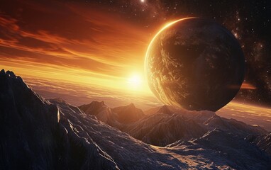 Majestic Sunrise Over an Alien Landscape With a Large Planet Rising