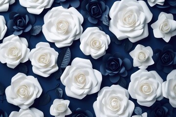 White roses on blue background. Flat lay, top view, copy space