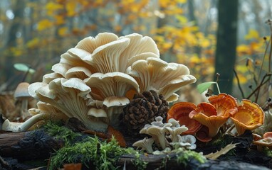 Various mushroom species thriving in a forest setting