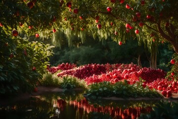 Immerse yourself in the serenity of a garden surrounded by an abundance of dense pomegranate trees. Perfect lighting accentuates the super realistic beauty