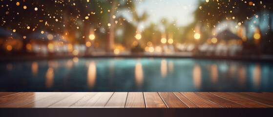 Wooden table pool bokeh background, empty wood desk product display mockup with blurry tropical hotel resort abstract poolside summer travel backdrop advertising presentation. Mock up, copy space.